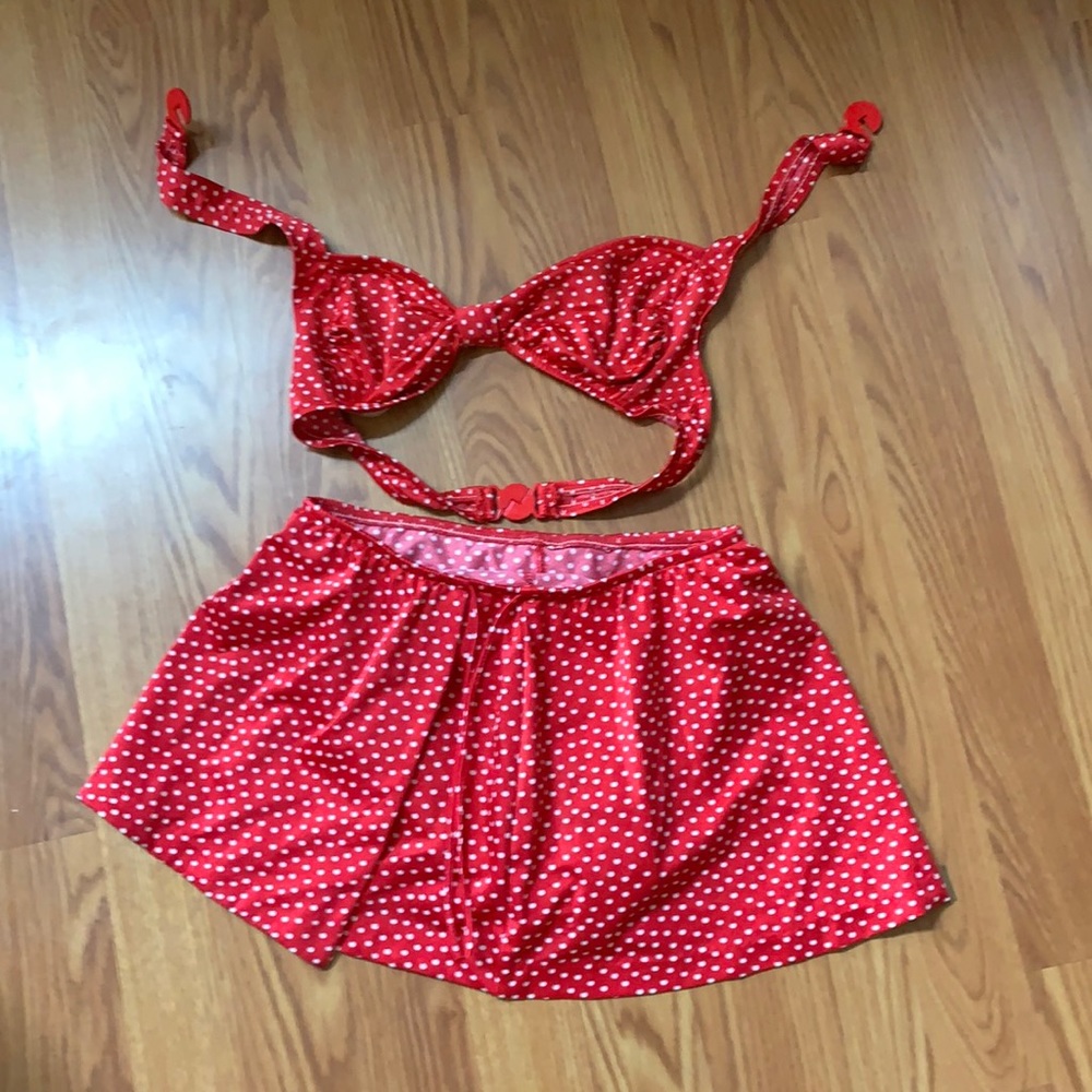 Red and white swimsuit with skirt